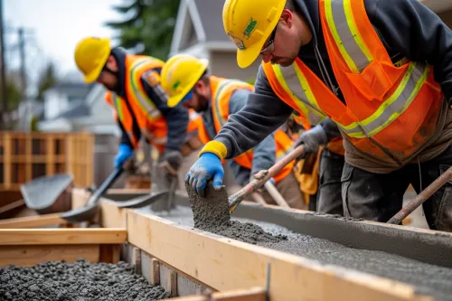 Travaux de coulage de dalle béton avec mise à niveau précise, garantissant une surface plane et stable.