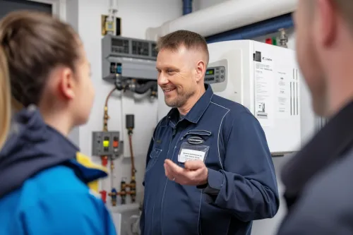 Un professionnel qualifié effectue l’entretien d’une chaudière selon des critères de sécurité et de performance.